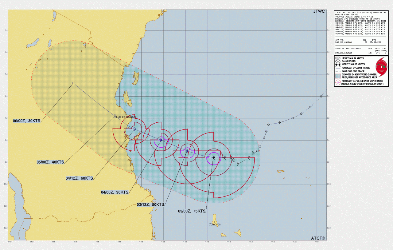 La rotta prevista del ciclone tropicale Hidaya