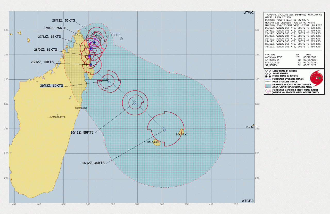 La rotta prevista della tempesta Gamane