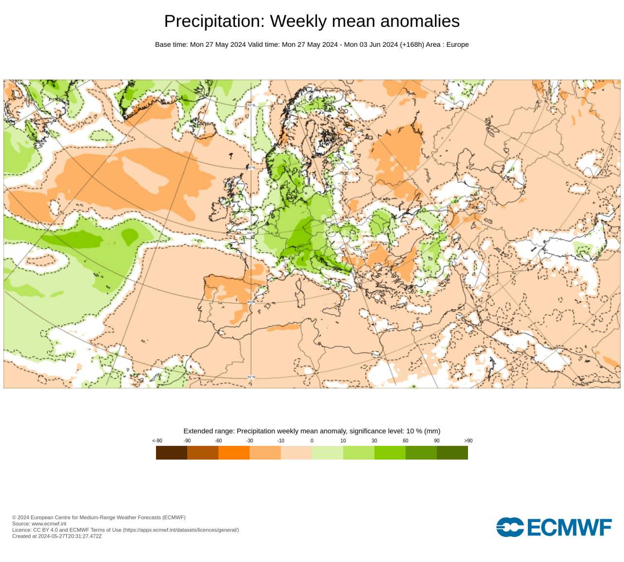 precipitazioni sopra la media in verde in avvio di giugno, fonte Ecmwf