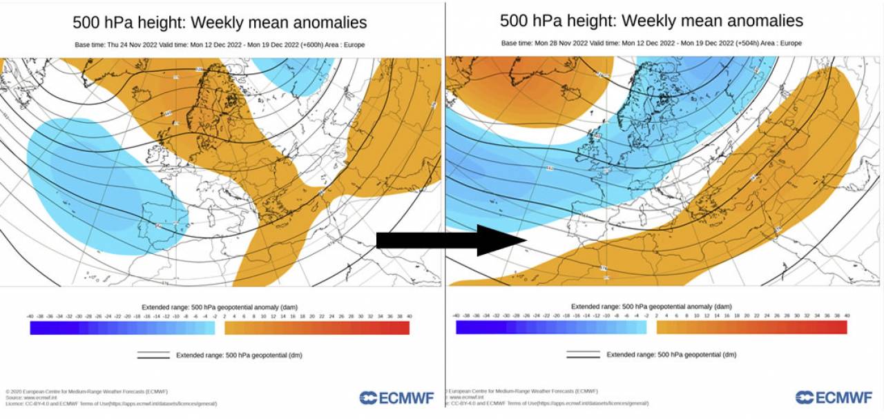 previsione rivista da Ecmwf per la terza settimana di dicembre