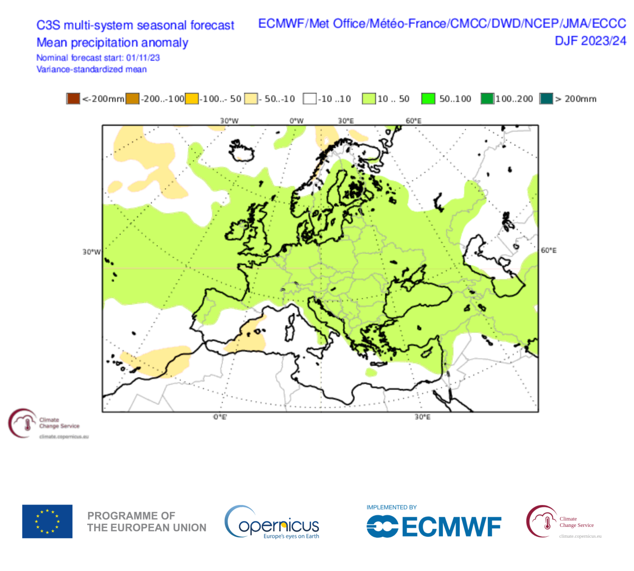 Stagionali proposte dal multi system di Copernicus: precipitazioni