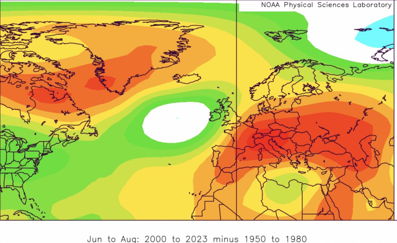 variazioni delle altezze del geopotenziale, in rosso dove &egrave; aumentanto dagli anni 2000 in estate