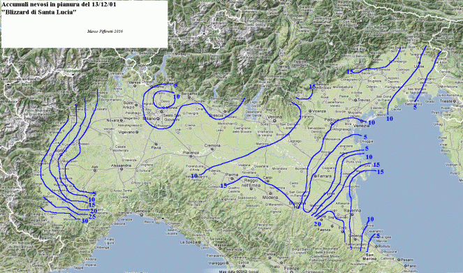 Distribuzione accumuli nevosi durante il blizzard di Santa Lucia (fonte: marcopifferetti.altervista.org)