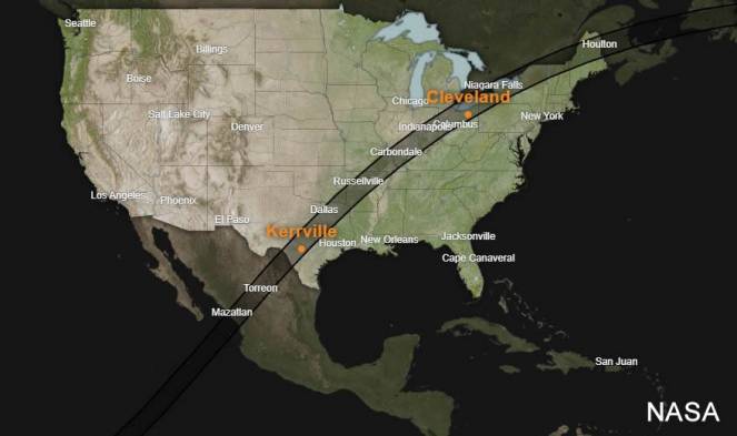 Eclissi totale di Sole dell'8 aprile, percorso della totalità (fonte Nasa) Eclissi totale di Sole dell'8 aprile, percorso della totalità (fonte Nasa)