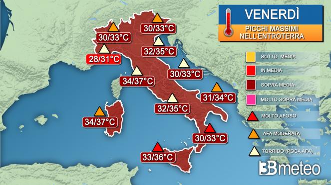 Picchi di temperatura massima e afa nella giornata di venerdì Picchi di temperatura massima e afa nella giornata di venerdì