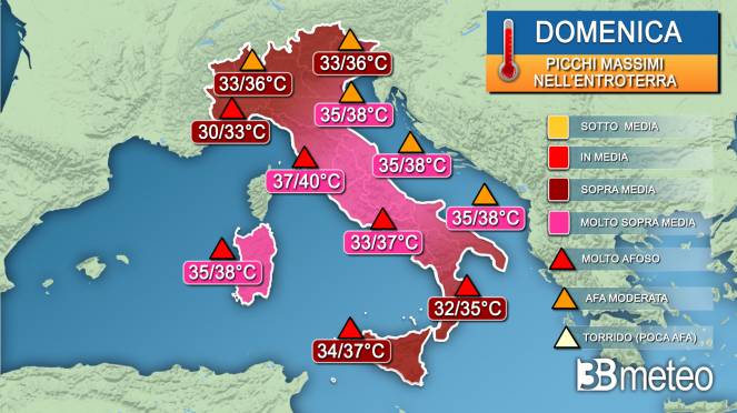 Picchi di temperatura massima nella giornata di domenica