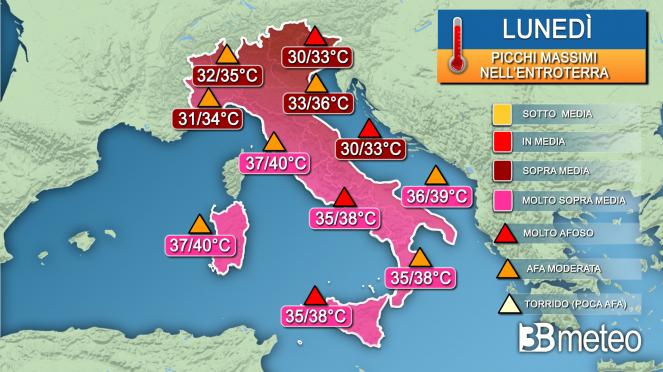 Picchi massimi di temperatura per lunedì Picchi massimi di temperatura per lunedì