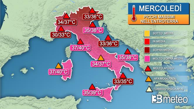 Picchi massimi di temperatura per mercoledì Picchi massimi di temperatura per mercoledì