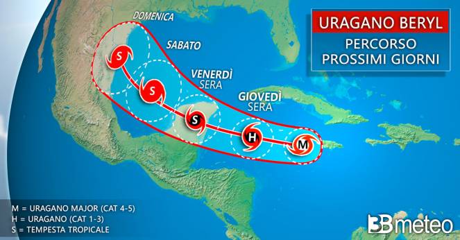 uragano Beryl, percorso pi&ugrave; probabile